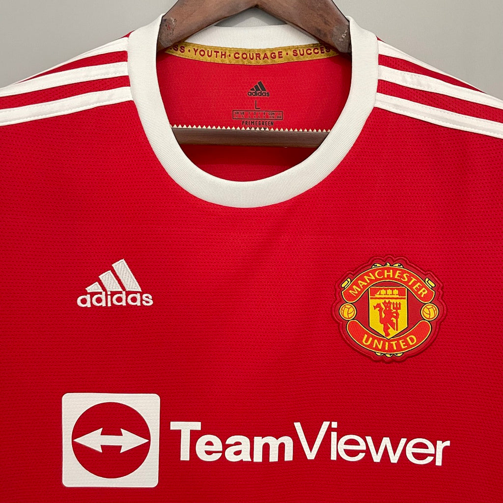 Camiseta Retro Manchester United Local Roja y Gris Claro 21/22 - espalda