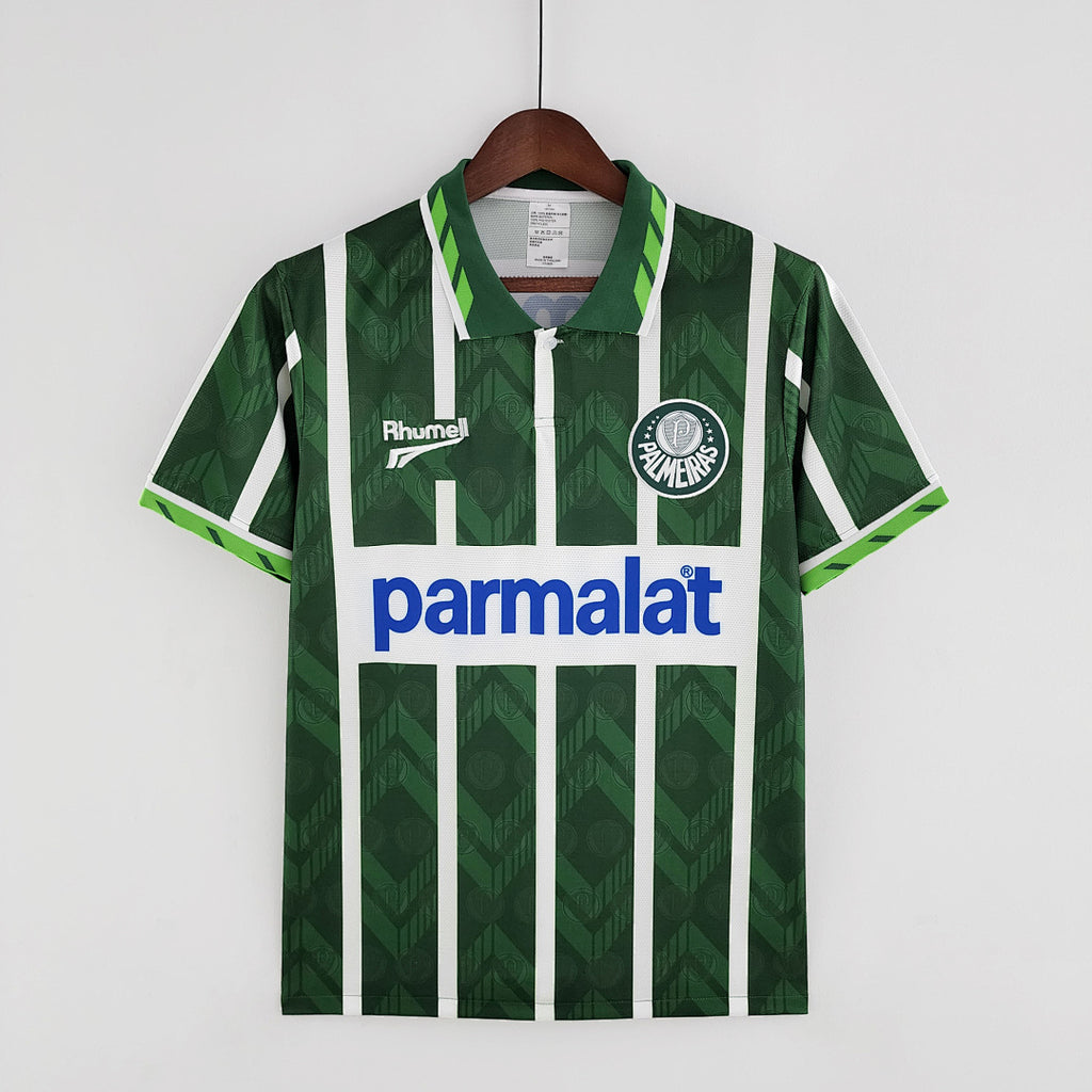Camiseta Retro Palmeiras Local Verde Oscuro y Gris Claro 1996 - frente