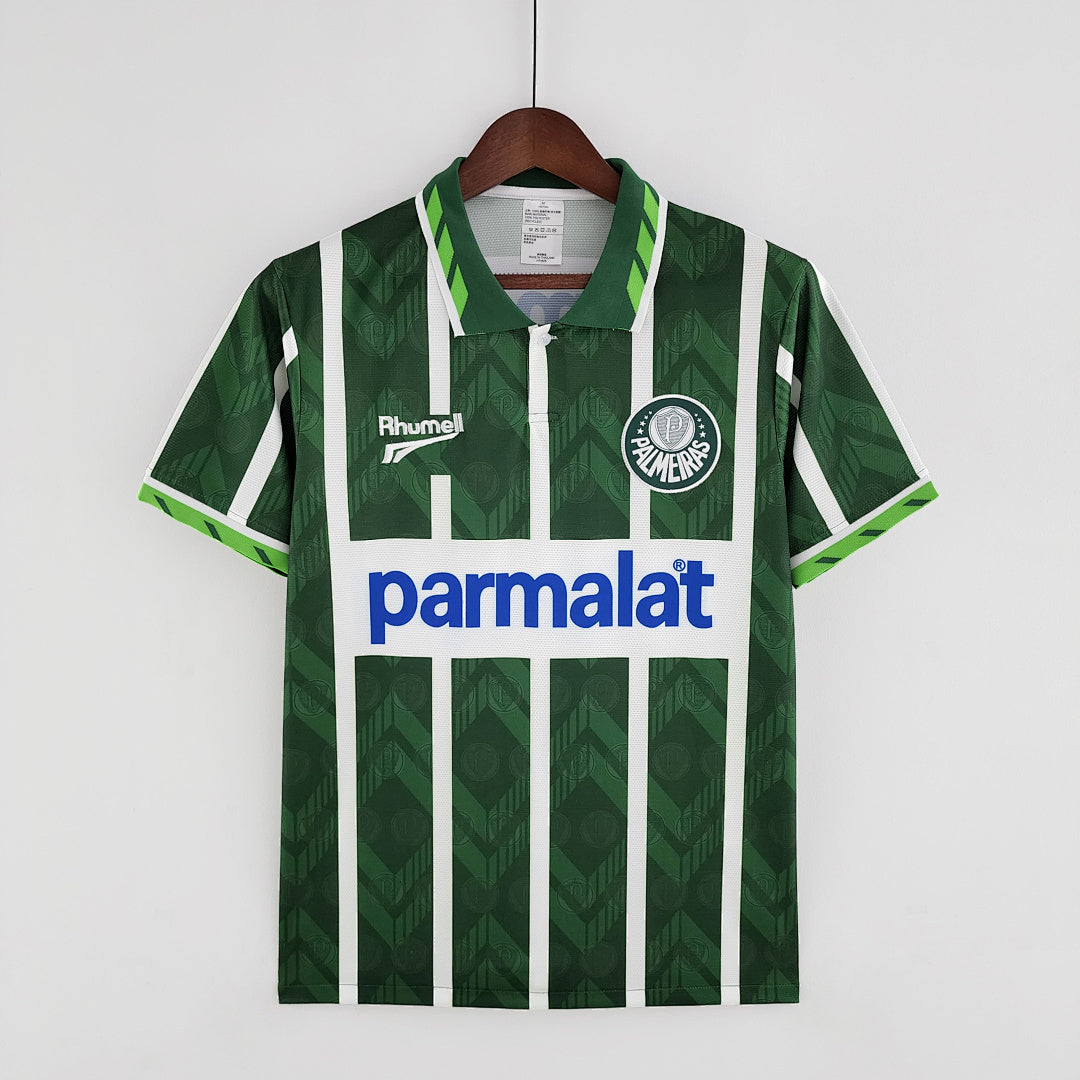 Camiseta Retro Palmeiras Local Verde Oscuro y Gris Claro 1996 - frente