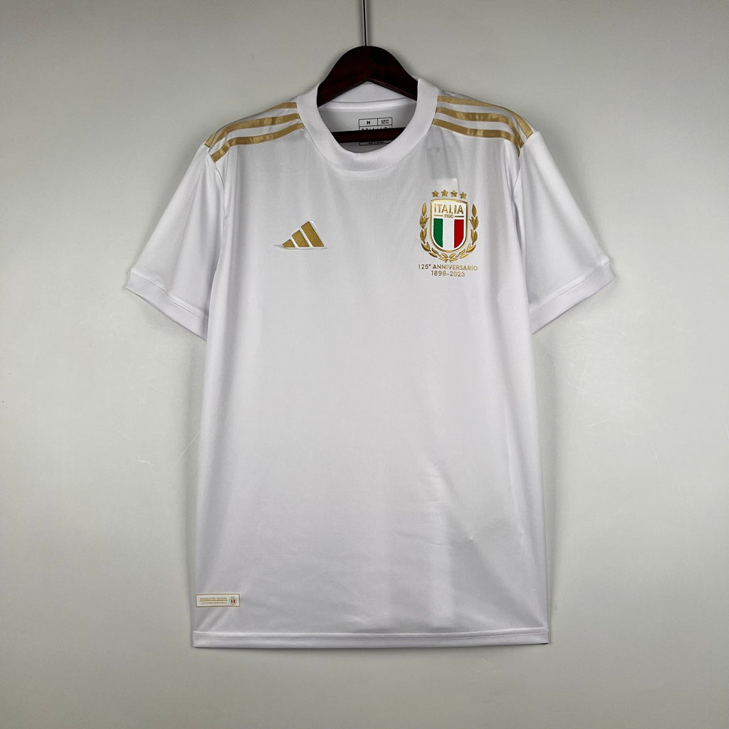 Camiseta Italia Gris Claro y Dorada Blanca 125º Aniversario 2023 - frente