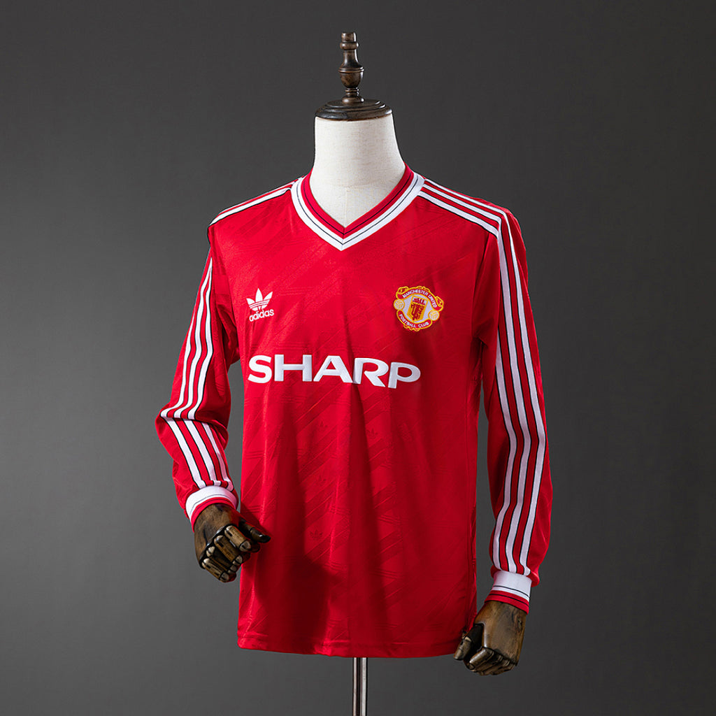 Camiseta Retro Manchester United Visita Burdeos y Roja Manga Larga 1986 - frente