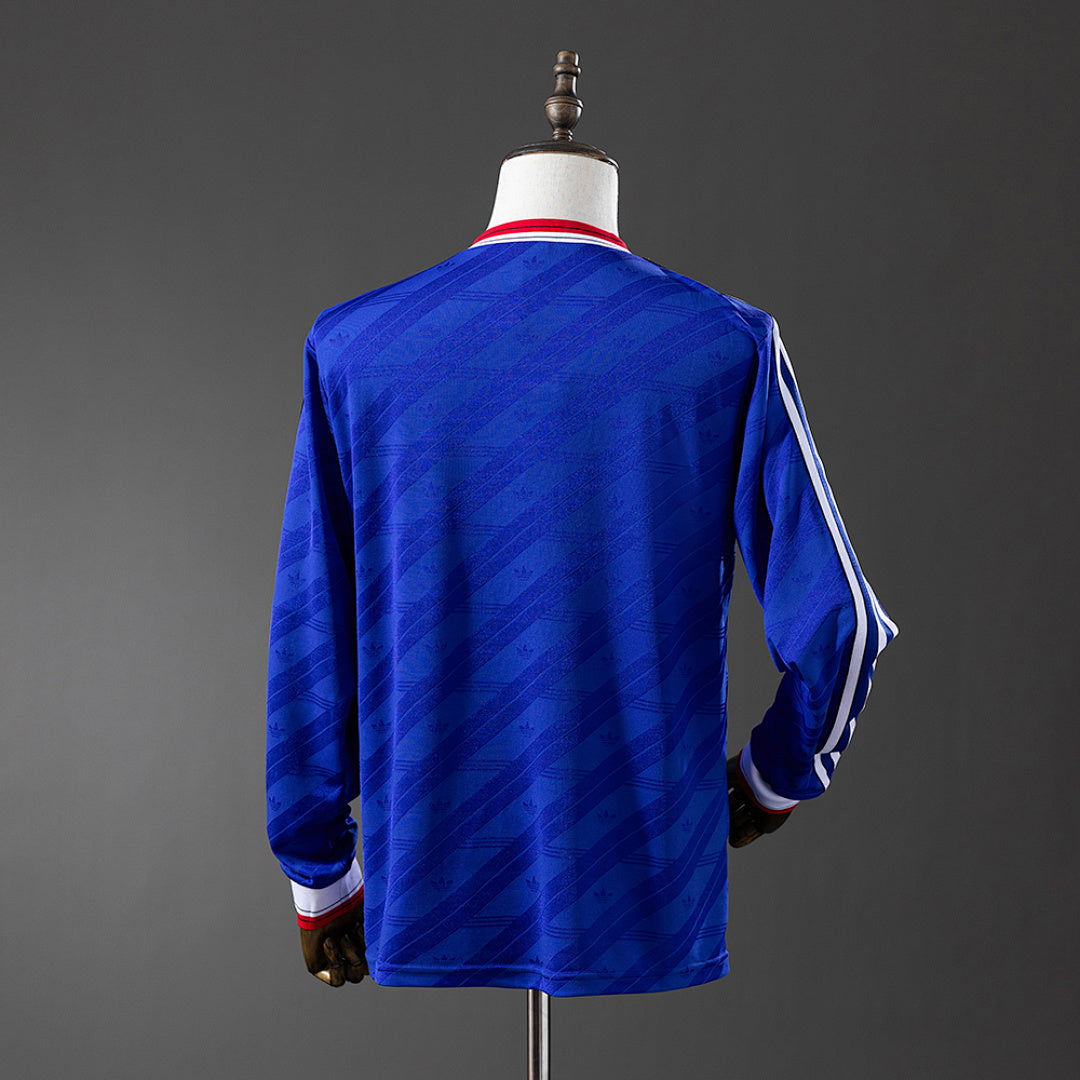 Camiseta Retro Manchester United Visita Azul Marino y Azul Manga Larga 86/88 - espalda