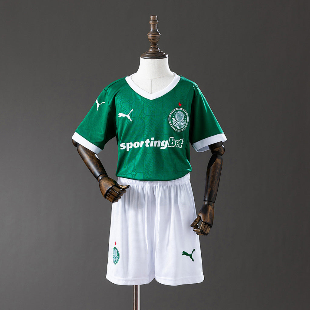 Conjunto Niños Palmeiras Local Gris y Verde Oscuro 2025/26 - frente